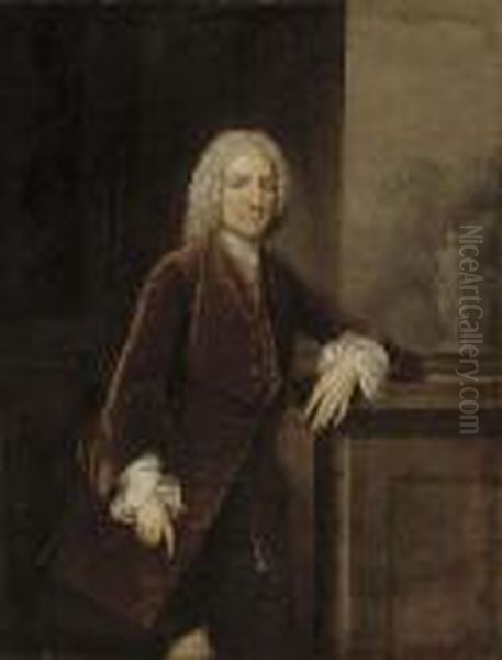 Portrait Of Thomas 
Pelham-holles, 1st Duke Of Newcastle (1693-1768), Standing, 
Three-quarter-length, In A Brown Velvet Coat, Leaning On A Plinth, A 
Garden With A Classical Statue Beyond - view 1