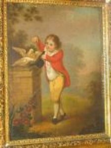 Young Boy Feeding Doves Before A Landscape