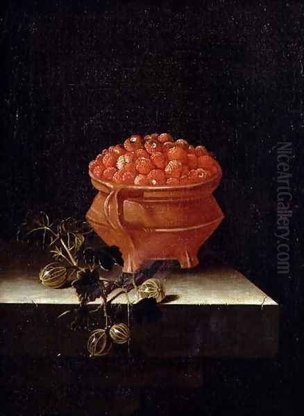 Strawberries and Gooseberries on a stone ledge - view 1