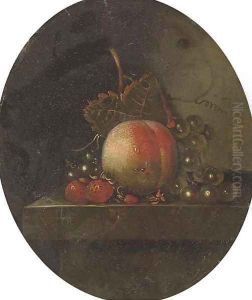 A peach, grapes on the vine, strawberries and blueberries on a stone ledge by Adriaen Coorte
