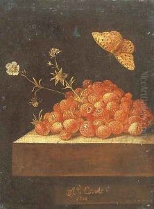 Stawberries in a pot on a stone ledge with a butterfly by Adriaen Coorte