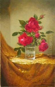 Glass Of Roses On Gold Cloth by Martin Johnson Heade