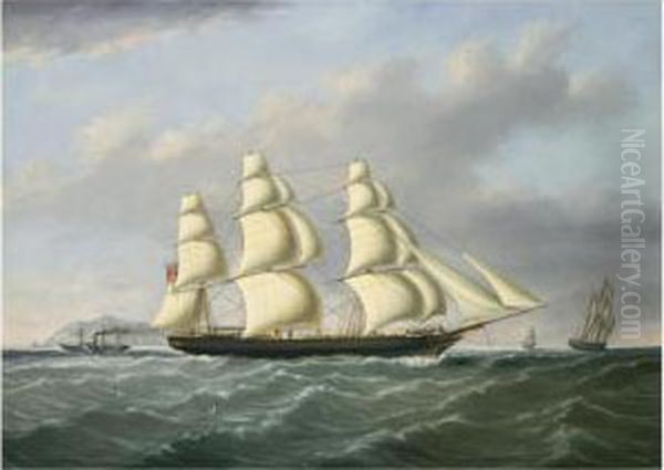 A Three Masted Ship Under Full
Sail Outward Bound From Liverpool Off Holyhead And The South Stack - view 1