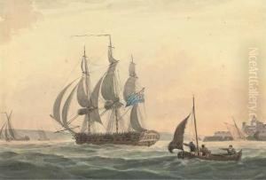 A 36-gun Frigate Of The Royal Navy Making Sail Out Of Plymouth Andpassing The Citadel by William Heath