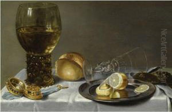 Still Life Of A Roemer, A Facon 
De Venise, A Partly Peeled Lemonon A Pewter Plate, Two Oysters, A Bread 
Roll And A Pocket-watch,all Arranged On A Draped Table - view 1