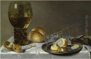 Still Life Of A Roemer, A Facon 
De Venise, A Partly Peeled Lemonon A Pewter Plate, Two Oysters, A Bread 
Roll And A Pocket-watch,all Arranged On A Draped Table by Willem Claesz. Heda