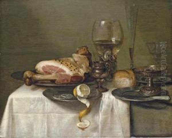 A Ham On A Pewter Plate, A 
Partly-peeled Lemon, A Roemer, A Glass Flute, A Wine Glass, A Bowl Of 
Olives, A Silver-gilt Tazza, A Bread Roll, A Knife On A Pewter Plate And
 A Mustard Pot On A Partly-draped Table - view 1