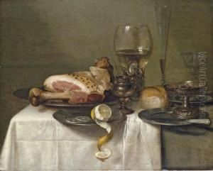 A Ham On A Pewter Plate, A 
Partly-peeled Lemon, A Roemer, A Glass Flute, A Wine Glass, A Bowl Of 
Olives, A Silver-gilt Tazza, A Bread Roll, A Knife On A Pewter Plate And
 A Mustard Pot On A Partly-draped Table by Willem Claesz. Heda