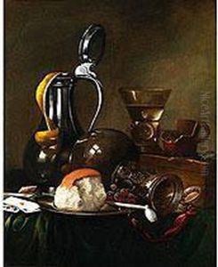 Stilleben Mit Zinnkrug, Glasflasche, Trinkglas Und Zerbrochenem Becher by Willem Claesz. Heda