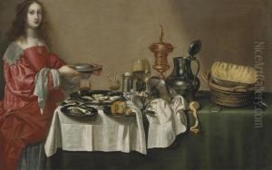 A Lady By A Table Laid With A Roemer Of White Wine by Willem Claesz. Heda