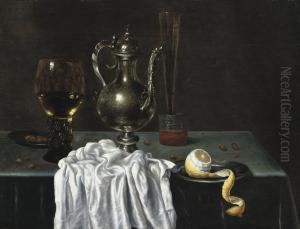 Still Life A 'roemer' Of White Whine, A Pewter Plate With Hazelnuts. by Willem Claesz. Heda