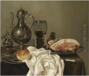 A Still Life With A Silver 
Tazza, A Silver Pot, A Roemer With Whitewine, A Glass With Beer, Four 
Pewter Plates With A Bread Roll And Ashoulder Of Ham, All On A Green 
Table Cloth
