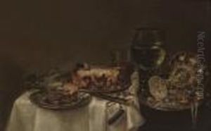A Roemer, A Pie On A Pewter 
Plate, An Overturned Broken Glass, A Pocket Watch With A Key On A Blue 
Silk Ribbon And An Overturned Silver Tazza On A Pewter Plate, On A 
Partly-draped Table
