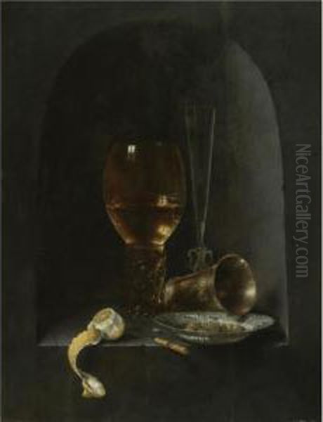 Still Life With A Roemer, A
Fluted Wine-glass, A Silver Goblet, A Blue-and-white Porcelain Bowl
Filled With Green Olives, A Partly Peeled Lemon And A Knife, All
Arranged Within A Stone Niche - view 1