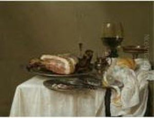 A Still Life With A Roemer, A
Silver Tazza, A Fluted Wine-glass, A Mustard Jar, A Ham And A Partly
Peeled Lemon On Pewter Dishes And A Bread Roll, All Arranged On A
Table-top Draped In White by Willem Claesz. Heda