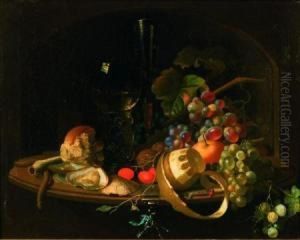 Still Life With Rommer, Fruit And Oysters On A Ledge by Willem Claesz. Heda