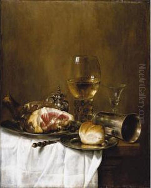 A Still Life Of A Roemer Filled 
With White Wine, A Wine-glass, A Silver Beaker On Its Side, A Ham And A 
Bread-roll On Pewter Plates, All Arranged On A Wooden Table Partly 
Draped With A White Cloth - view 1
