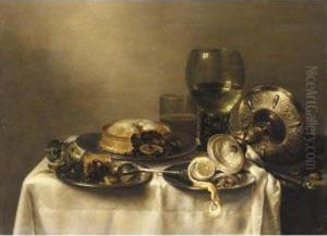 A Still Life Of An Overturned 
Silver Tazza, A Roemer With White Wine, A Glass Beaker With Beer, And 
Three Pewter Plates With A Partly Peeled Lemon And Partly Eaten Pies, 
All On A Table Partly Draped With A White Cloth Over A Green Cloth