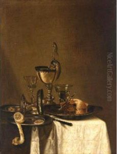 Still Life Of A Nautilus Cup, An
Overturned Tazza, A Partially Eaten Pie In A Pewter Bowl And A Knife,
Together With Two Wine Glasses, And Olives And A Peeled Lemon In Pewter
Dishes, All Arranged Upon A Table Top Partly Draped With A White Cloth by Willem Claesz. Heda