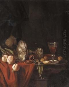 A Silver Goblet, A Roemer Of
Wine, Walnuts, Peaches, Pears And Acompass On A Partly Draped Table by Willem Claesz. Heda
