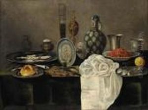 Oysters And A Roll Of Bread On Pewter Plates