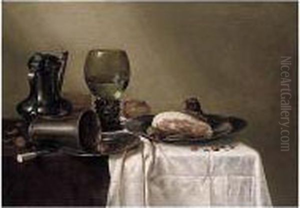 A Still Life Of A Pewter Kanne, A
Roemer, An Overturned Silver Beaker Resting On A Pewter Plate And A Ham
Upon Another Pewter Plate, All Upon A Table Covered In A Brown Cloth
And Partly Draped With A White Cloth - view 1