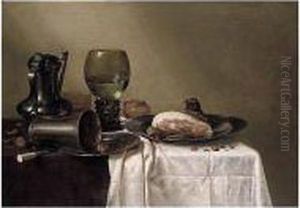 A Still Life Of A Pewter Kanne, A
 Roemer, An Overturned Silver Beaker Resting On A Pewter Plate And A Ham
 Upon Another Pewter Plate, All Upon A Table Covered In A Brown Cloth 
And Partly Draped With A White Cloth by Willem Claesz. Heda