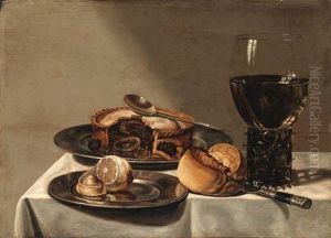 A Roemer, A Pie With A Spoon And
A Peeled Lemon On Pewter Plates, Abreadroll And A Knife On A Draped
Table by Willem Claesz. Heda