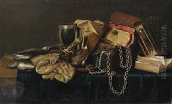 Oysters, Books, Money Pouches, A
Knife Hilt, A Pewter Mounted Cup,a Casket With Symbols Of Earthly
Wealth And An Hourglass, On Apartly Draped Shelf - view 1