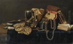Oysters, Books, Money Pouches, A
Knife Hilt, A Pewter Mounted Cup,a Casket With Symbols Of Earthly
Wealth And An Hourglass, On Apartly Draped Shelf by Willem Claesz. Heda