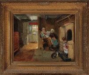 An Old Couple Sitting By A Cottage Fire by Ralph Hedley