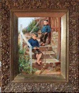 "the Young Fishermen" - Two Boys
 On Steps, One Mending The Line Ofa Makeshift Fishing Rod by Ralph Hedley