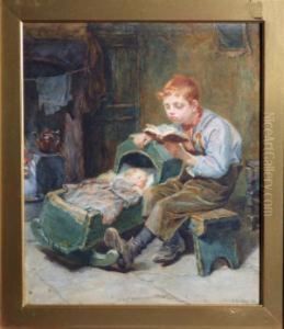 A Young Boy Rocking His Brother's Cradle Whilst Reading A Book
