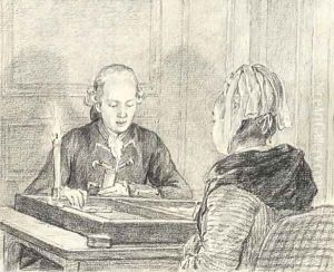 A seated couple playing backgammon by candlelight by Charles-Nicolas I Cochin