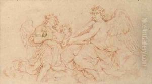 Three music-making angels seated on a cloud