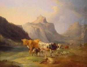 Cows At Rest In An Alpine Landscape by Joseph Heike