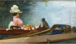 Le Depart Pour La Promenade 
[ferdiand Heilbuth, Young Woman In A Boat With Her Dog, Oil On Panel, 
Signed.] by Ferdinand Heilbuth
