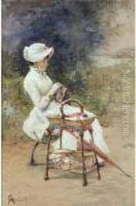Femme Brodant Dans Un Jardin by Ferdinand Heilbuth