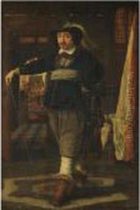 Portrait Of A Cavalier, 
Full-length, In An Interior With Soldiers Loading Their Guns Beyond