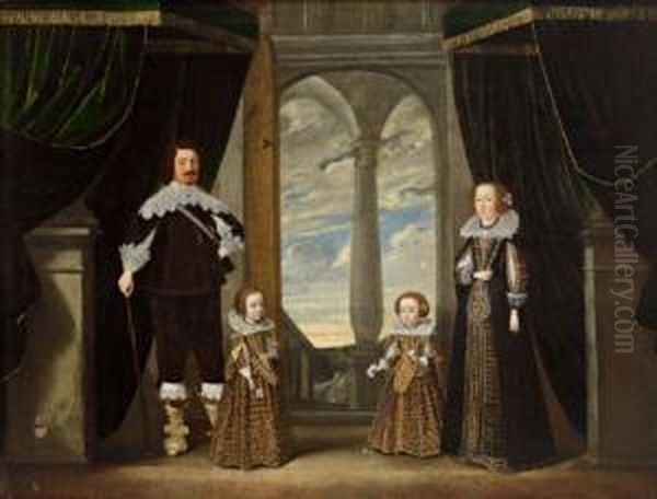Attribuito Ritratto Di Famiglia In Un Palazzo Con Veduta Del Cielo Nuvoloso - view 1