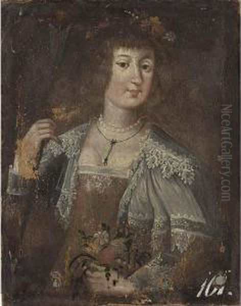 A Portrait Of A Lady As Flora, Half Length, Wearing A White Lace Collar And Flowers - view 1