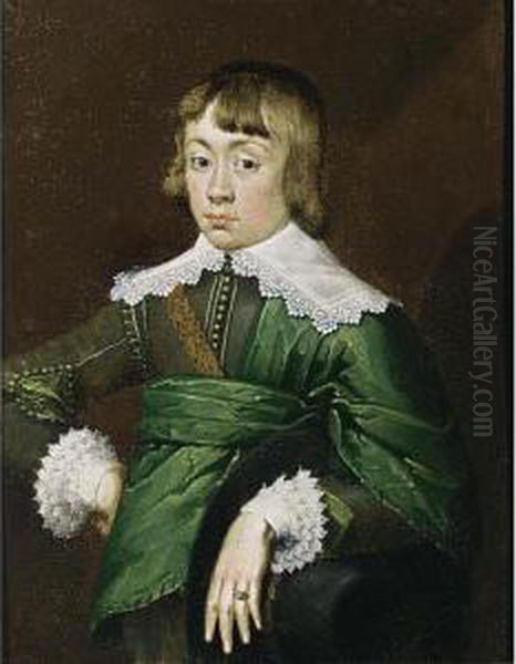 A Portrait Of A Young Gentleman,
Said To Be Georg Philipp, Freiherr Von Meisselen, Standing Half Length,
Wearing A Grey-green Coat With A Green Sash, White Lace Collar And
Cuffs - view 1