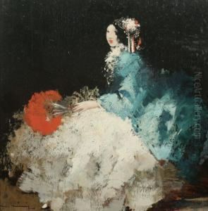 Balldame Mit Rotem Facher by Walter Heimig