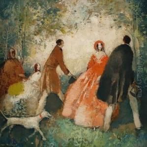 Elegante Gesellschaft Mit Hund Im Park. by Walter Heimig