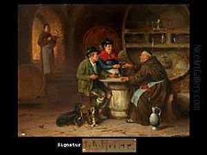 Zwei Monche Mit Bauerlichem Paar Und Zwei Hunden Imweinkeller by Johann Adalbert Heine