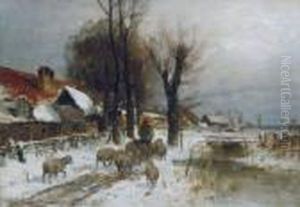 Winterliche Dorfszene Mit Schafherde by Karl Adam Heinisch