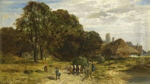 Bauern Mit Heufuhrwerk Vor Dem Dorf. by Karl Adam Heinisch