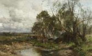 Schafhirte Mit Magd Und Herde Am
 Teich.