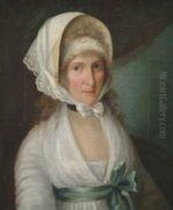 Ortrait Of A Lady, Bust Length,
Wearing A White Dress With A Greensash, Thought To Be Mrs James Beevor by John Theodore Sen Heins