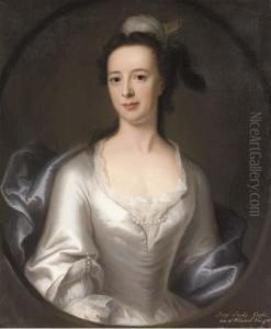 Portrait Of Lucy, Lady Gage,
Daughter Of William Knight,half-length, In An Oyster Satin Dress And
Blue Wrap, With Afeathered Headdress, Feigned Oval Portrait Of Lucy, Lady Gage,
Daughter Of William Knight,half-length, In An Oyster Satin Dress And
Blue Wrap, With Afeathered Headdress, Feigned Oval
